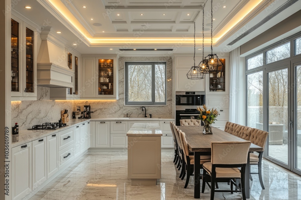 Luxurious Modern Kitchen with Marble Accents and Elegant Dining Area Luxurious Modern Kitchen with Marble Accents and Elegant Dining Area