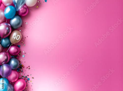 40 birthday,  anniversary, party invitation; pink card background; colourful balloons isolated over optimistic pink backdrop photo