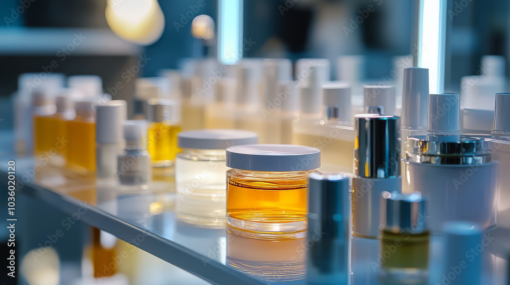variety of cosmetic bottles and jars are displayed on shelf in factory setting, illuminated by bright lights. scene conveys sense of precision and cleanliness variety of cosmetic bottles and jars are displayed on shelf in factory setting, illuminated by bright lights. scene conveys sense of precision and cleanliness
