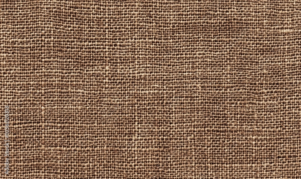 Seamless rough canvas or linen burlap background texture in vintage dark beige brown. Closeup of tileable nubby hand woven heavy boucle surface pattern