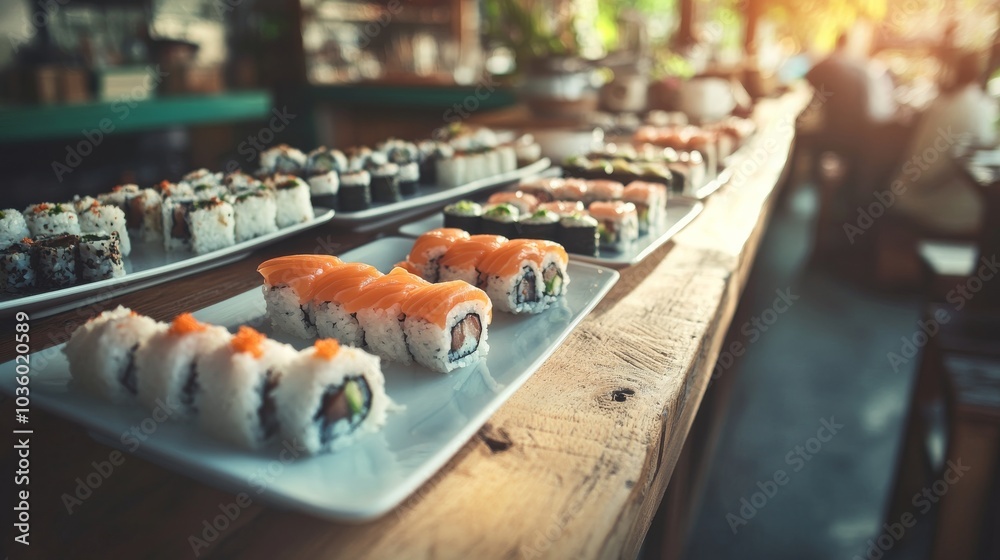 Obraz premium A vibrant array of sushi rolls showcases culinary artistry in a cozy dining atmosphere