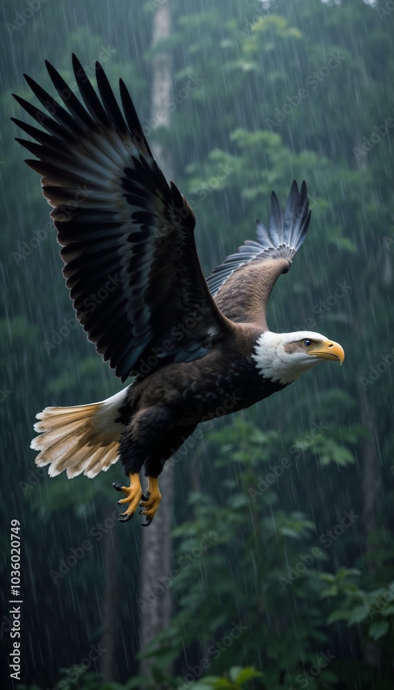 Fototapeta premium Majestic eagle in flight during rain, powerful atmosphere, wild nature background, copy space 