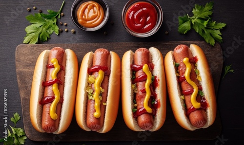 Set of delicious hot dogs with ketchup and mustard, cut out