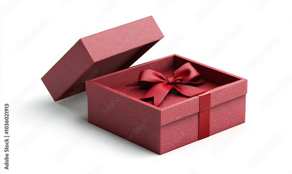 Open red gift box or red present box with red ribbons and bow isolated on white background with shadow Open red gift box or red present box with red ribbons and bow isolated on white background with shadow