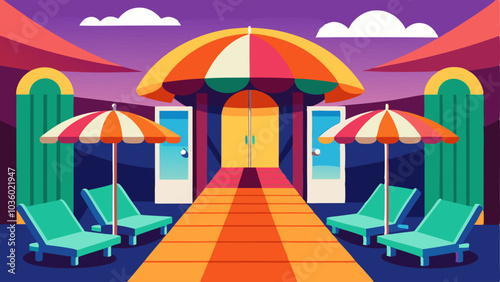 The entrance area with colorful umbrellas and lounge chairs lined up