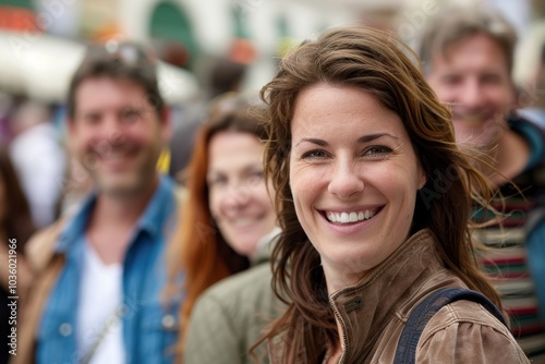 Portrait of a beautiful woman smiling at the camera with her friends in the background