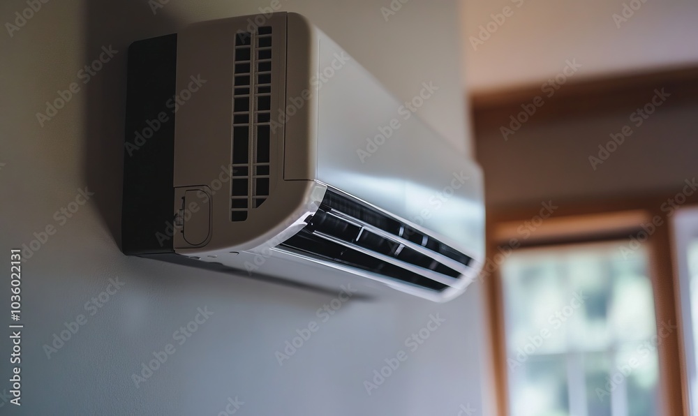 Modern ductless heat pump system installed on a wall, efficiently regulating room temperature with sleek and compact design in a contemporary home interior Modern ductless heat pump system installed on a wall, efficiently regulating room temperature with sleek and compact design in a contemporary home interior