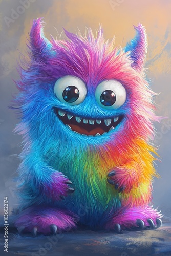 Illustration of funny cartoon monster on grey background. Halloween holiday