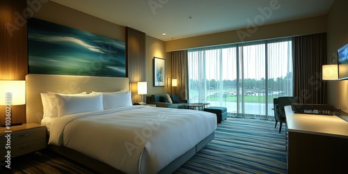 A well-furnished and modern hotel room with a large comfortable bed, stylish decor, and a scenic outside view through the large window and curtains photo