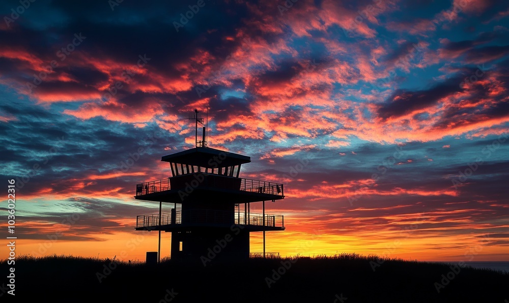 Silhouetted building against vibrant sunset with dynamic clouds Silhouetted building against vibrant sunset with dynamic clouds