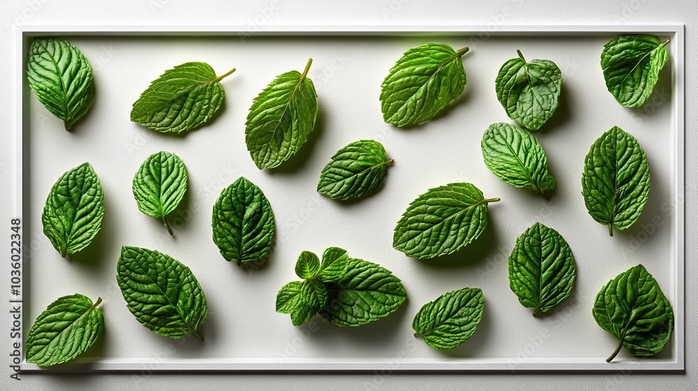 Fresh mint leaves arranged on a white background. Fresh mint leaves arranged on a white background.