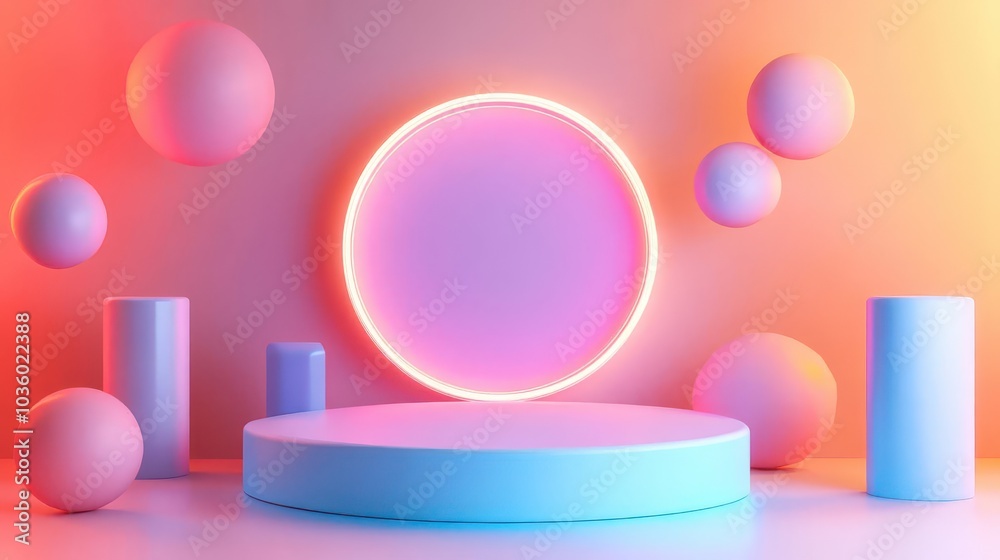 D Render Abstract Pastel Background with Neon Ring and Podium D Render Abstract Pastel Background with Neon Ring and Podium