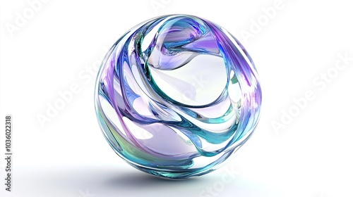 Abstract iridescent glass sphere with swirling blue and purple patterns on a white background.