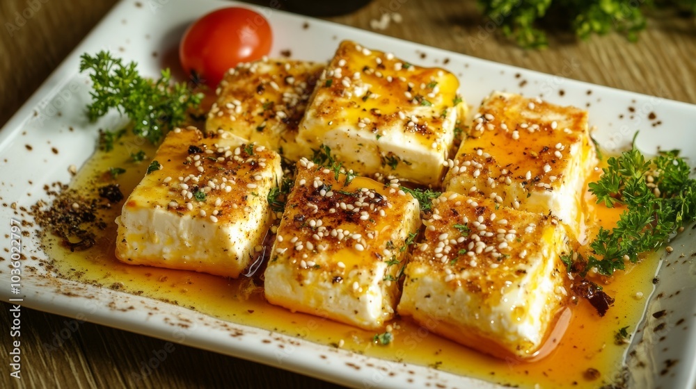 A delightful platter of Greek feta saganaki, fried feta cheese served with honey and sesame seeds, Feta saganaki platter centered A delightful platter of Greek feta saganaki, fried feta cheese served with honey and sesame seeds, Feta saganaki platter centered
