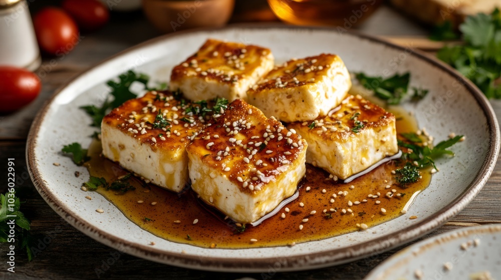 A delightful platter of Greek feta saganaki, fried feta cheese served with honey and sesame seeds, Feta saganaki platter centered A delightful platter of Greek feta saganaki, fried feta cheese served with honey and sesame seeds, Feta saganaki platter centered