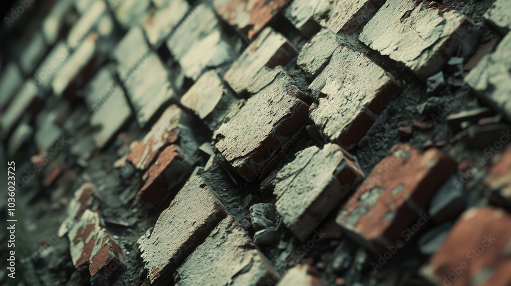 Aged brick wall with weathered texture and debris, symbolizing resilience and destruction caused by hurricane concept Aged brick wall with weathered texture and debris, symbolizing resilience and destruction caused by hurricane concept