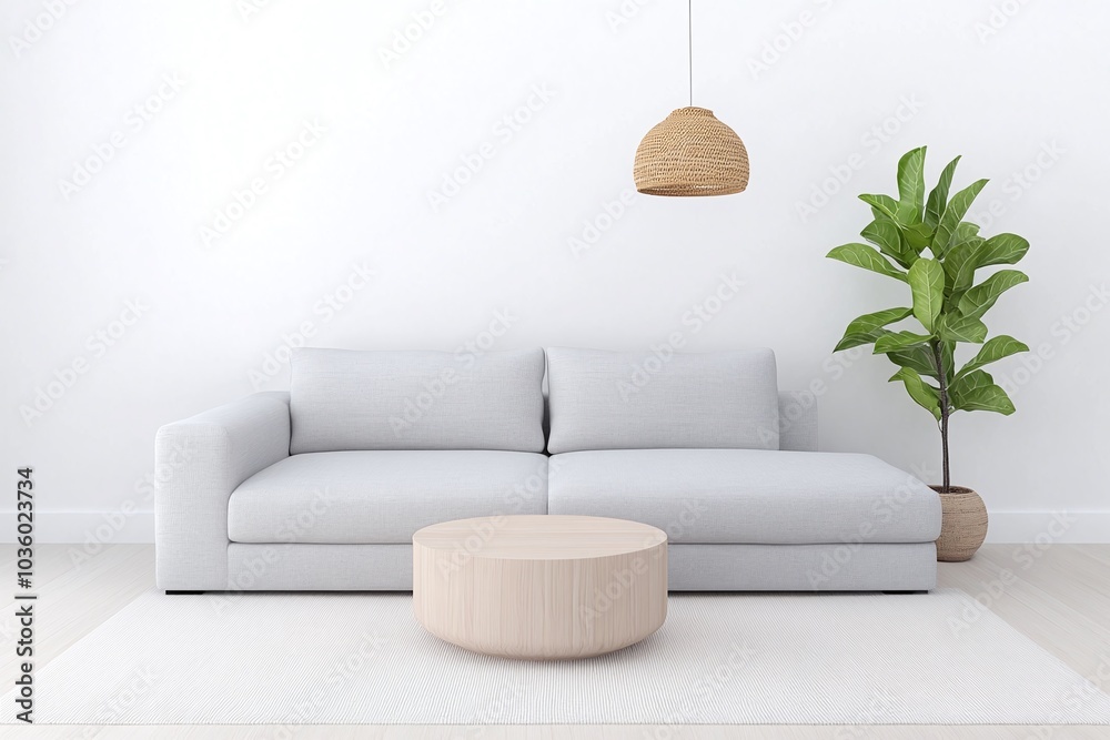 Light gray sectional sofa with round wooden coffee table and indoor plant in minimalist living room, natural decor, modern interior design, bright and spacious, copy space for text
Light gray sectional sofa with round wooden coffee table and indoor plant in minimalist living room, natural decor, modern interior design, bright and spacious, copy space for text