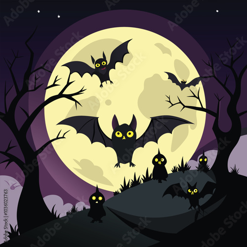 Full Moon Halloween Scene with Bats
