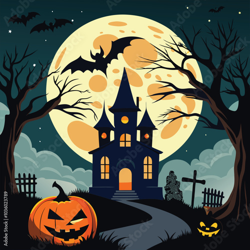 Full Moon Halloween Scene with Bats