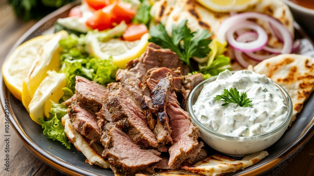 A delightful platter of Greek gyro platter, sliced grilled meat served with pita bread, tzatziki sauce