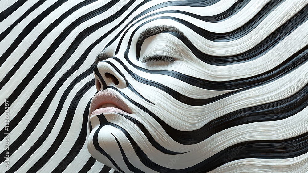 A close-up of a woman's face with black and white stripes painted down one side A close-up of a woman's face with black and white stripes painted down one side