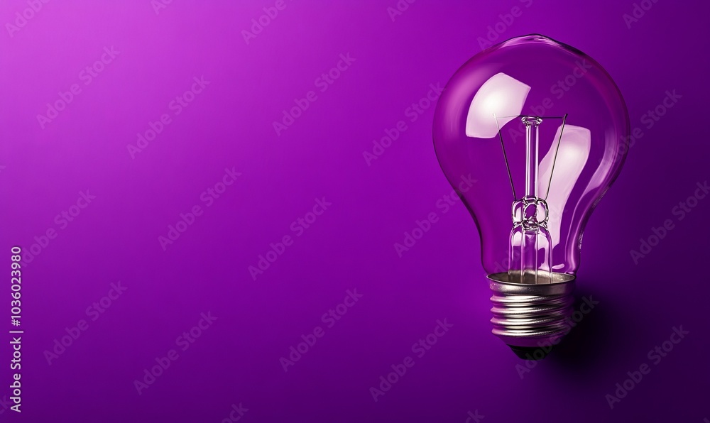 Light bulb on purple background with copy space. Glowing light bulb symbol of new idea, inspiration, innovation, solution, creativity concept Light bulb on purple background with copy space. Glowing light bulb symbol of new idea, inspiration, innovation, solution, creativity concept