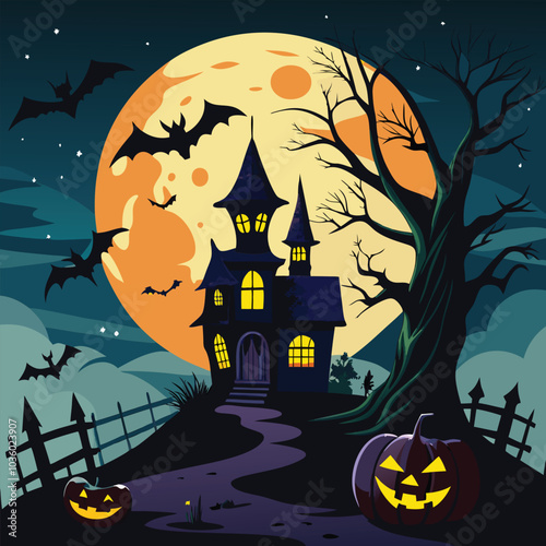 Full Moon Halloween Scene with Bats