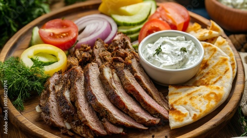 A delightful platter of Greek gyro platter, thinly sliced rotisserie meat served with pita bread, tzatziki sauce photo