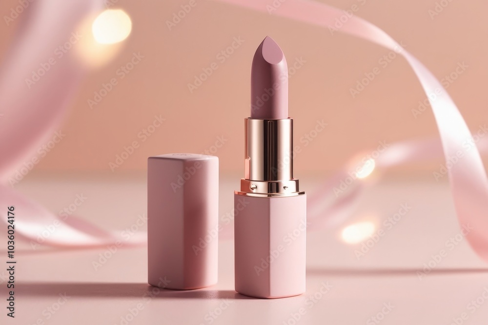 Modern matte pink lipstick in a sleek tube with shiny gold details, displayed on a neutral surface with soft shadows for a minimalist beauty mockup Modern matte pink lipstick in a sleek tube with shiny gold details, displayed on a neutral surface with soft shadows for a minimalist beauty mockup