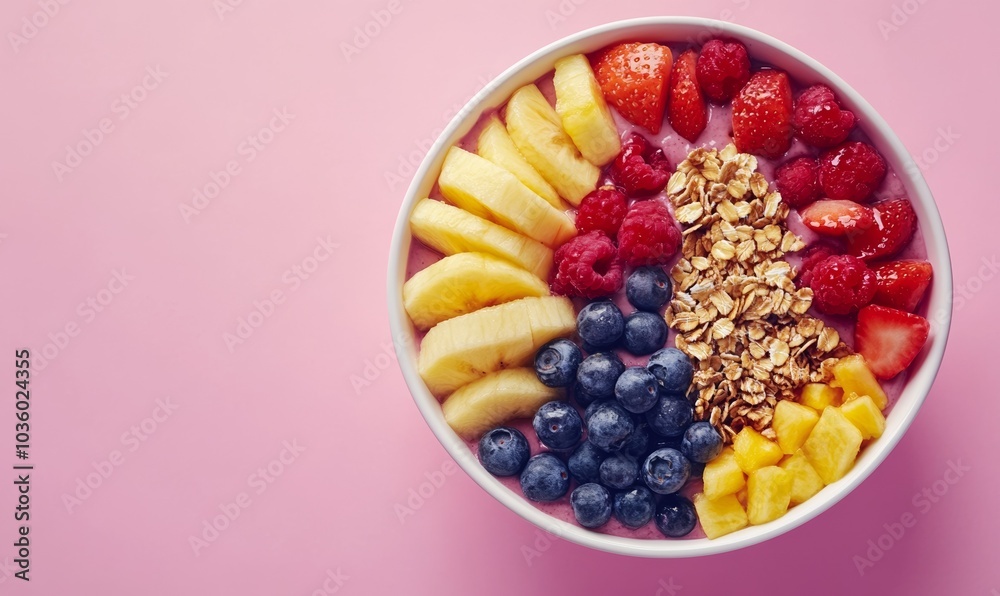 Summer acai bowl with mixed fruit and granola on pink background Breakfast bowl with fruit and cereal close up top view text space