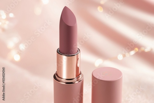 Modern matte pink lipstick in a sleek tube with shiny gold details, displayed on a neutral surface with soft shadows for a minimalist beauty mockup