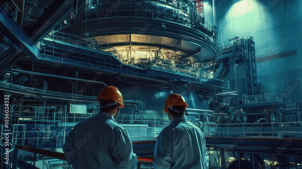 Two engineers wearing safety helmets work on high-tech machinery in a nuclear plant. Industrial environment with advanced technology. Two engineers wearing safety helmets work on high-tech machinery in a nuclear plant. Industrial environment with advanced technology.