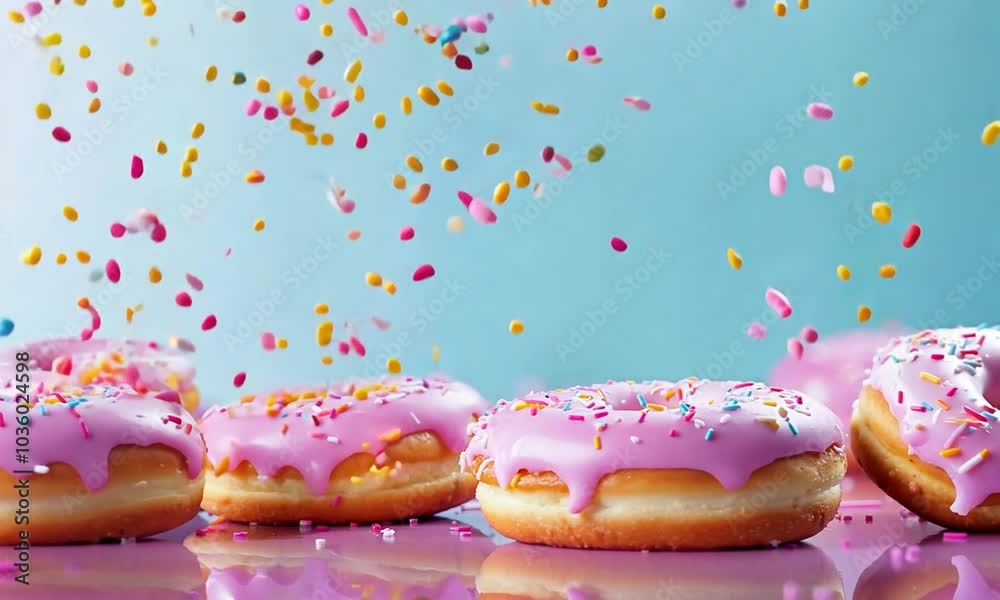 falling sweet tasty donuts on blue background