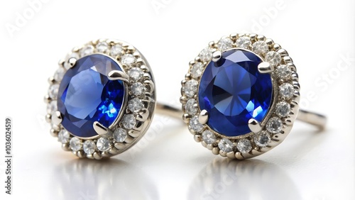 Two sapphire and diamond earrings are laying on a white reflective surface