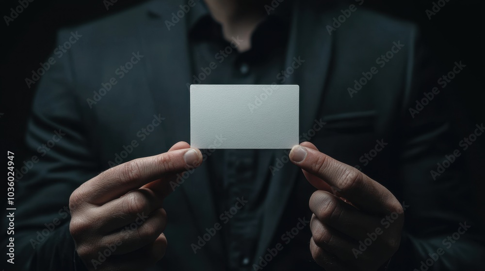 A mysterious figure revealing a blank card in a dark, elegant setting at an upscale gathering A mysterious figure revealing a blank card in a dark, elegant setting at an upscale gathering