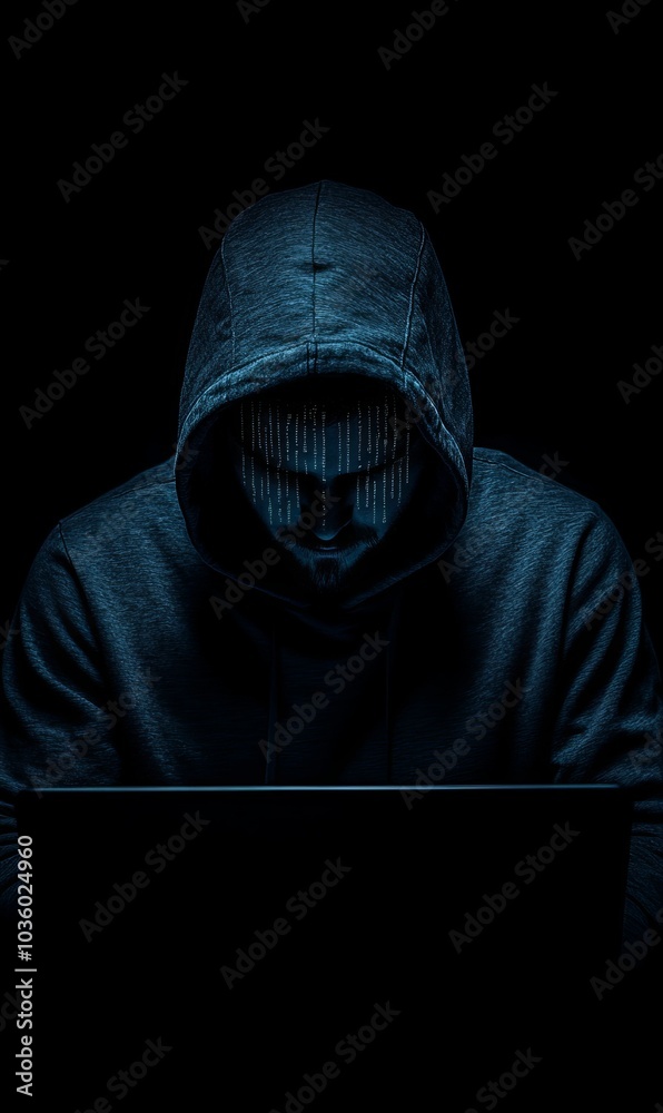 Hooded figure using a laptop in darkness.