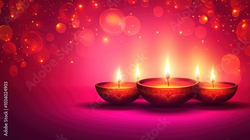 Beautifully lit diyas shining brightly against a vibrant pink background during a festive celebration at dusk