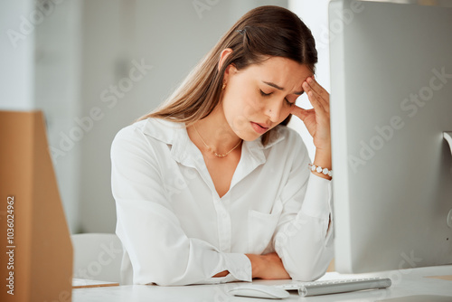 Frustrated woman, headache and stress with pain in anxiety, depression or overworked at office. Young, female person or employee with migraine, strain or pressure for fatigue, vertigo or dizziness