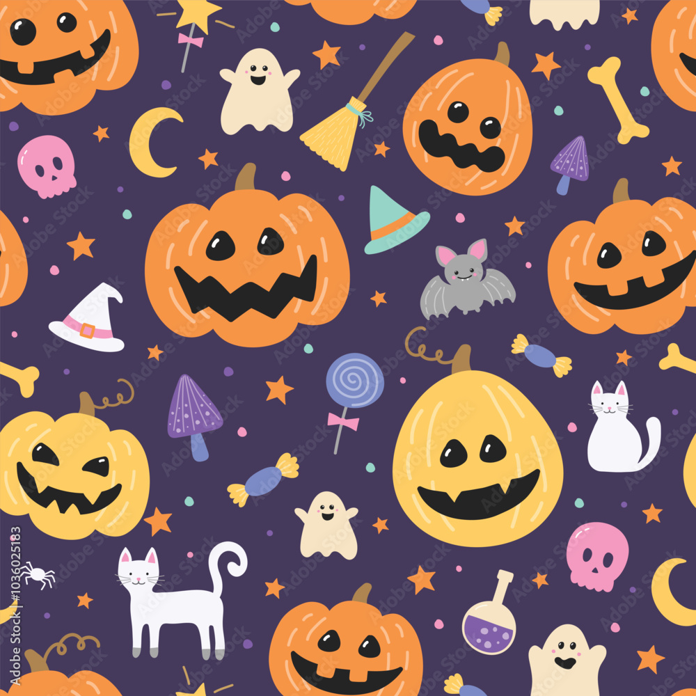 Fototapeta premium Cute Halloween seamless pattern. Background design. Vector illustration