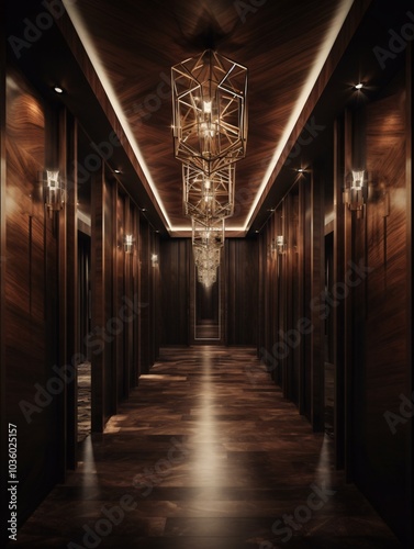 Luxurious wooden hallway with geometric chandeliers and modern lighting