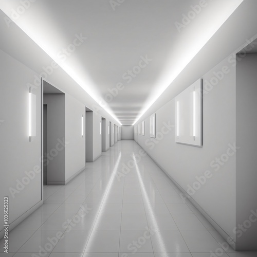 Minimalist white corridor with modern lighting and reflections in clean design