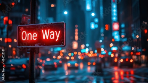 A brightly illuminated One Way street sign in a vibrant, busy urban night scene with neon lights and blurred city traffic, capturing the bustling atmosphere of the metropolis