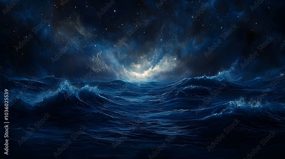 Fototapeta premium Majestic Starry Night Seascape with Moonlit Waves and Reflections