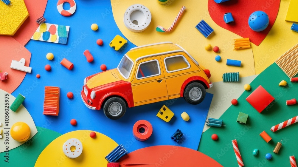 Naklejka premium Brightly colored toy car among playful shapes and vibrant objects in a whimsical arrangement on a creative tabletop