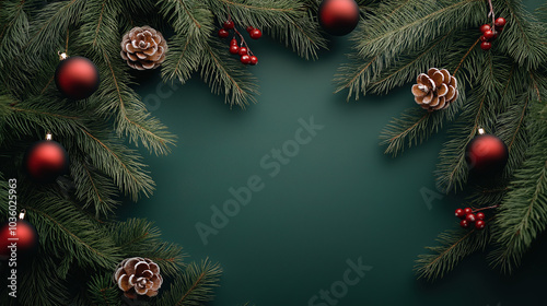 Christmas frame made of pine branches, red ornaments, and pine cones on a dark green background with copy space for text. This creates a Christmas card concept