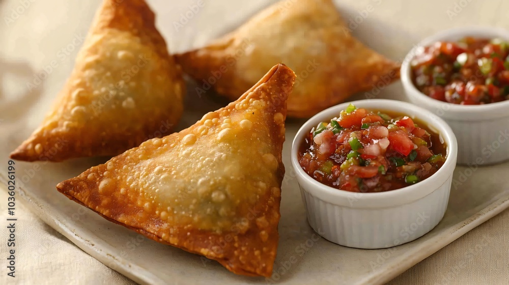 Crispy samosa halves with chutney-filled ramekins, isolated on a subtle cream fabric background Crispy samosa halves with chutney-filled ramekins, isolated on a subtle cream fabric background