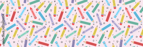 Cute school background with hand drawn crayons. Seamless patten design. Banner. Vector illustration