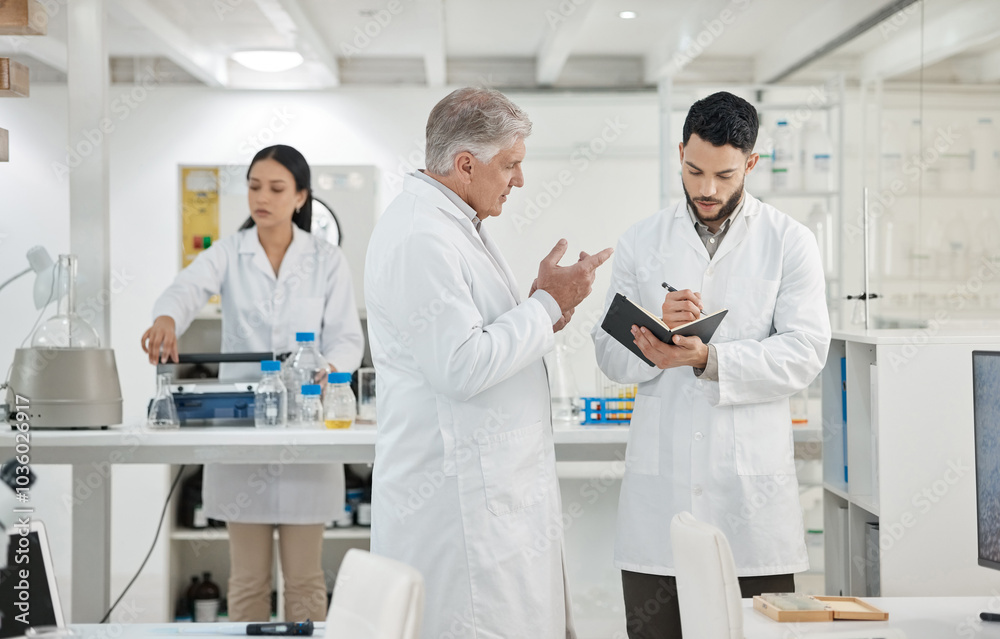 Scientist, men and writing in notebook in lab for disease experiment, medical study and dna process. Researcher, people and molecule research with information, vaccine results and healthcare solution Scientist, men and writing in notebook in lab for disease experiment, medical study and dna process. Researcher, people and molecule research with information, vaccine results and healthcare solution