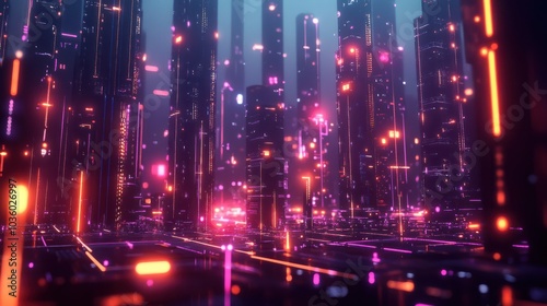 A futuristic cityscape at dusk with neon lights illuminating a complex network of nodes and connections, representing the vast scope of big data analytics.