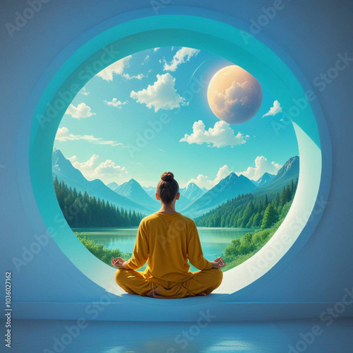 mulher meditando em janela circular